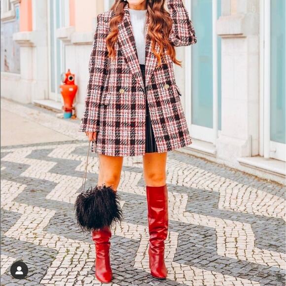 Zara Plaid Double Breasted Plaid Tweed Red Long Oversized Blazer Size M Holiday - Picture 1 of 16
